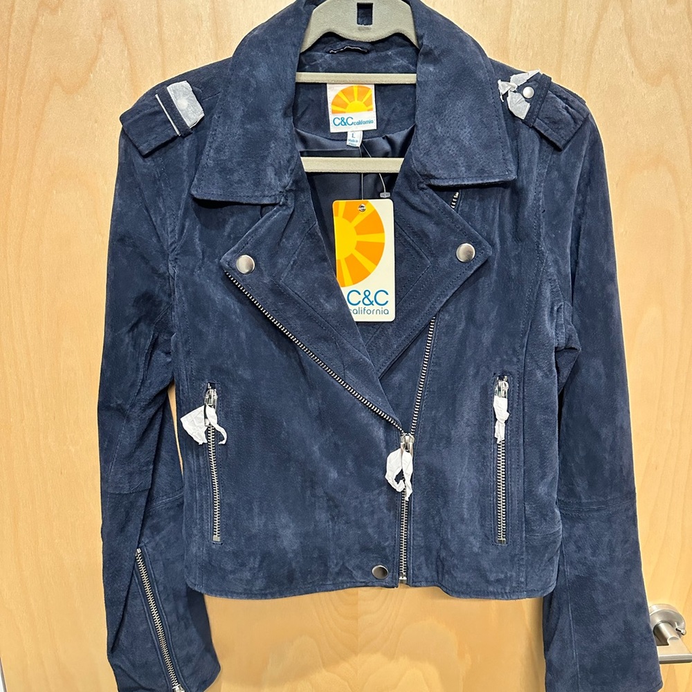 C&C California 100% Navy Suede Leather Biker Jacket Size L NEW WITH TAGS!!